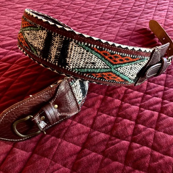 Anthropologie Double Buckle Western Cinch Belt Sz M Brown Leather, Woven Fabric main image 15